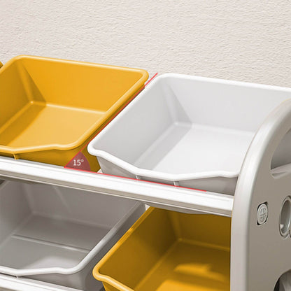 Stackable storage bins in yellow and white with a textured wall background