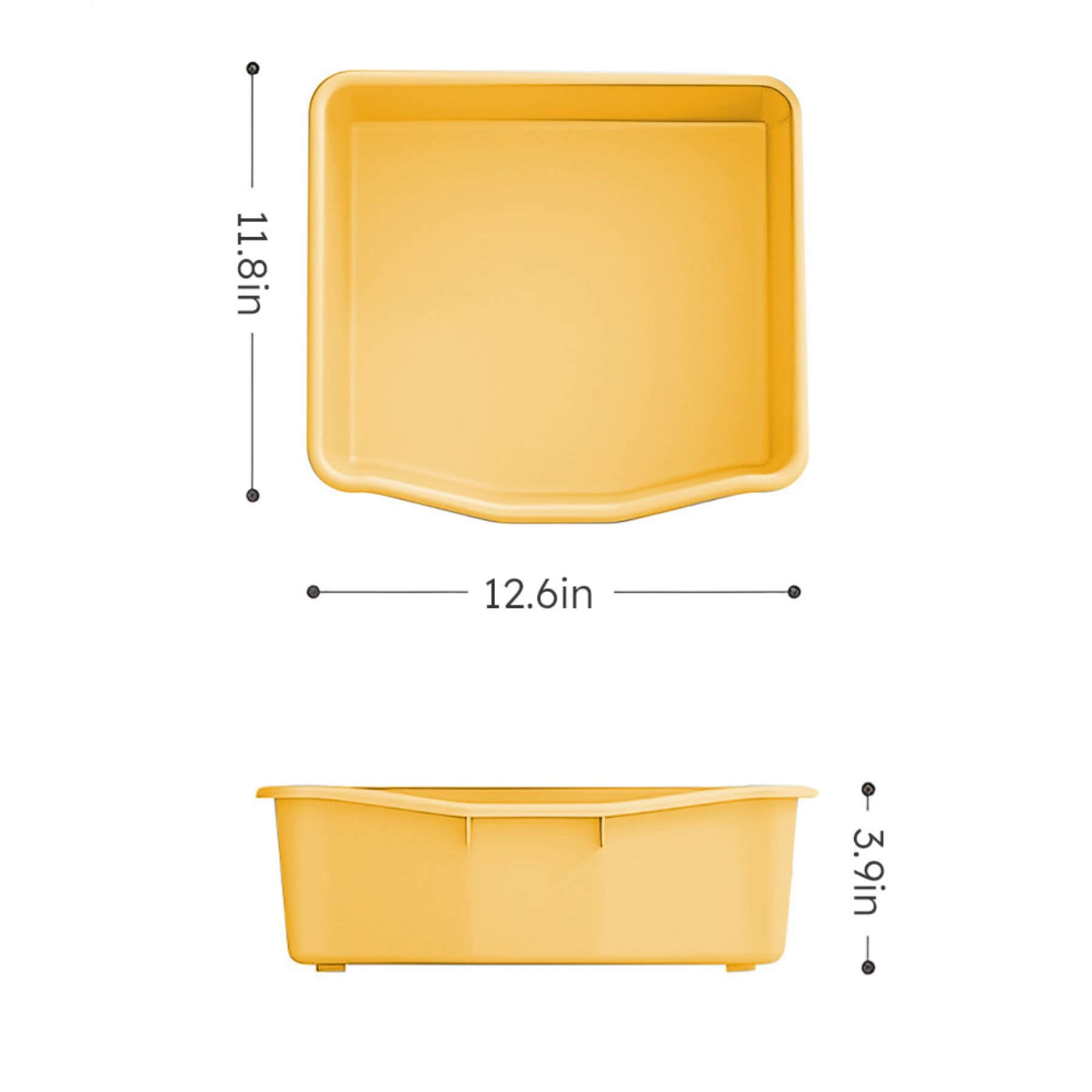 Yellow plastic bins with dimensions labeled on a white background