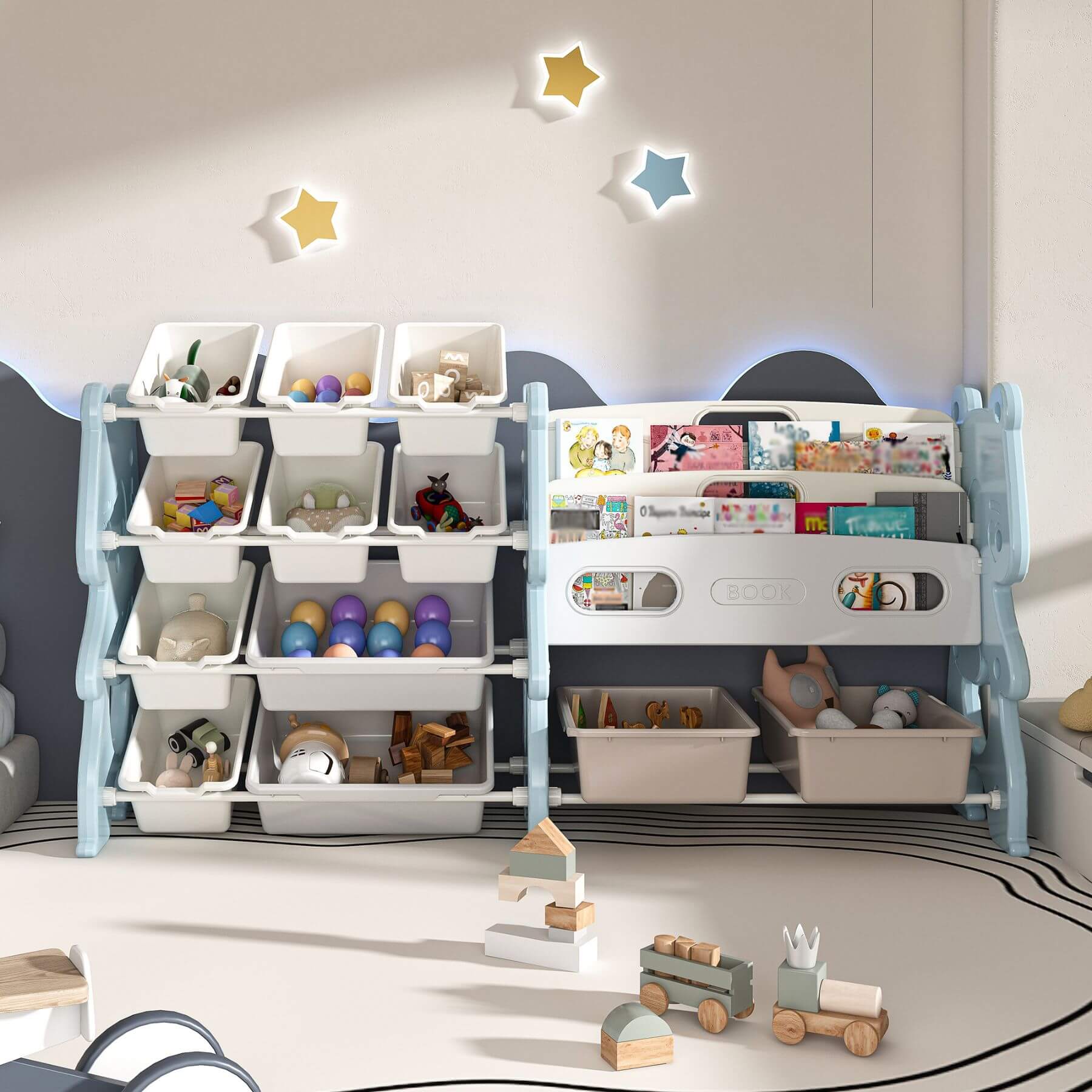 MONTARY Kids Toy Storage Organizer with 2 Tier Bookshelf and 12 Toy Bins -  Blue in a room with star-shaped lights.
