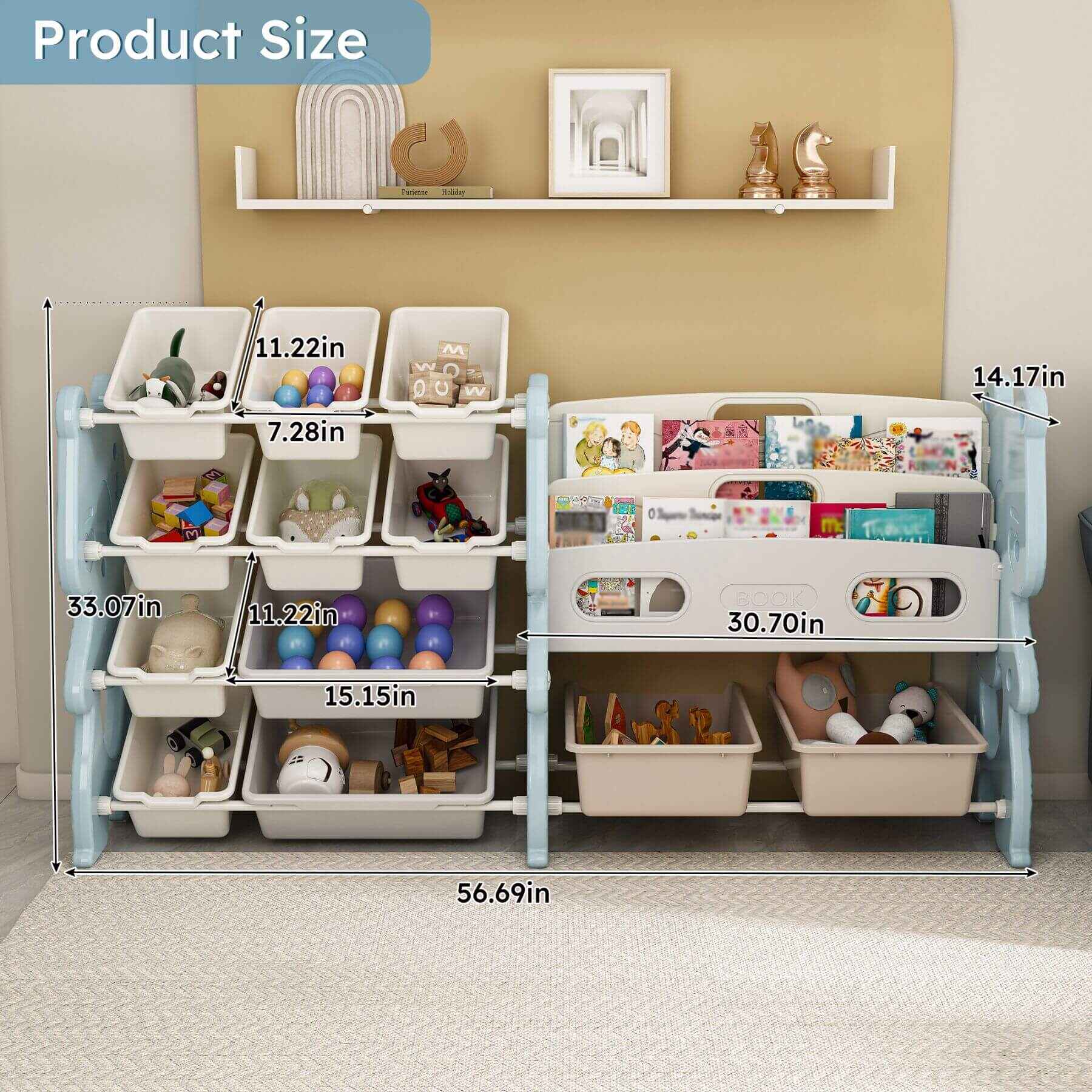 MONTARY Kids Toy Storage Organizer with 2 Tier Bookshelf and 12 Toy Bins -  Blue labeled with dimensions, set against a neutral wall.