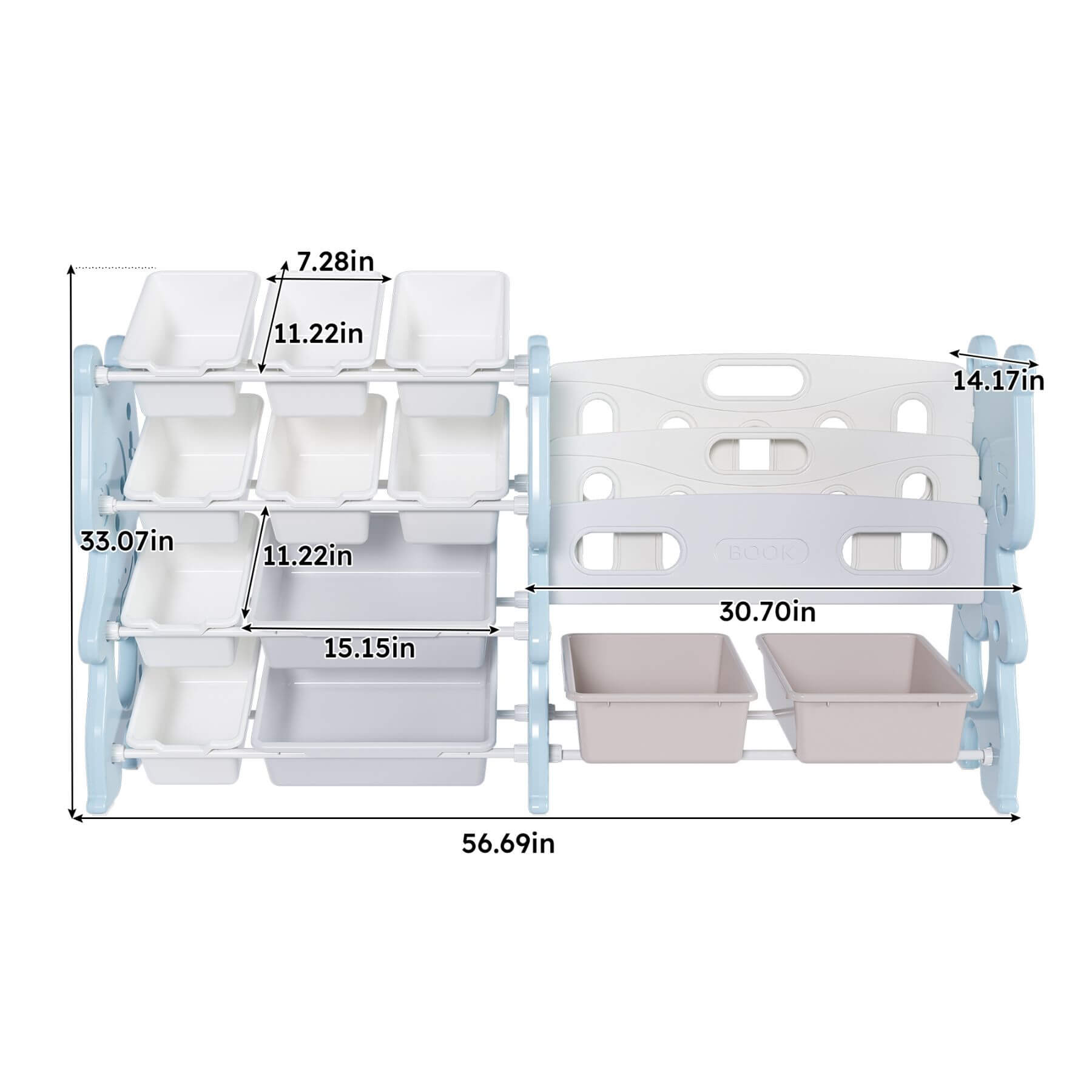MONTARY Kids Toy Storage Organizer with 2 Tier Bookshelf and 12 Toy Bins -  Blue with dimensions labeled on a white background