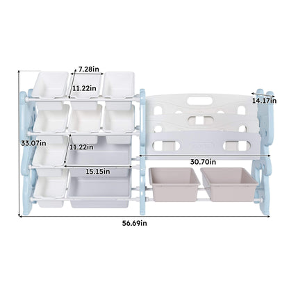MONTARY Kids Toy Storage Organizer with 2 Tier Bookshelf and 12 Toy Bins -  Blue with dimensions labeled on a white background