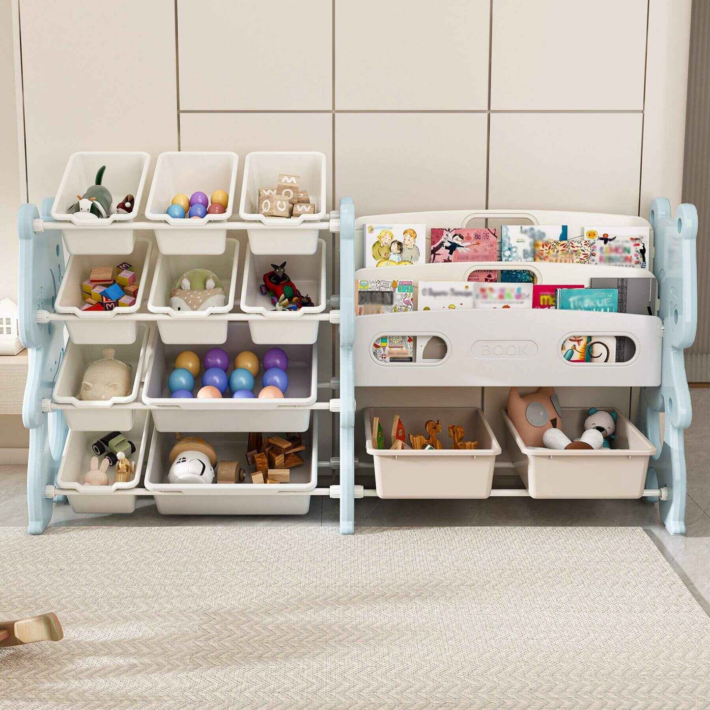 MONTARY Kids Toy Storage Organizer with 2 Tier Bookshelf and 12 Toy Bins -  Blue with various toys in a room setting