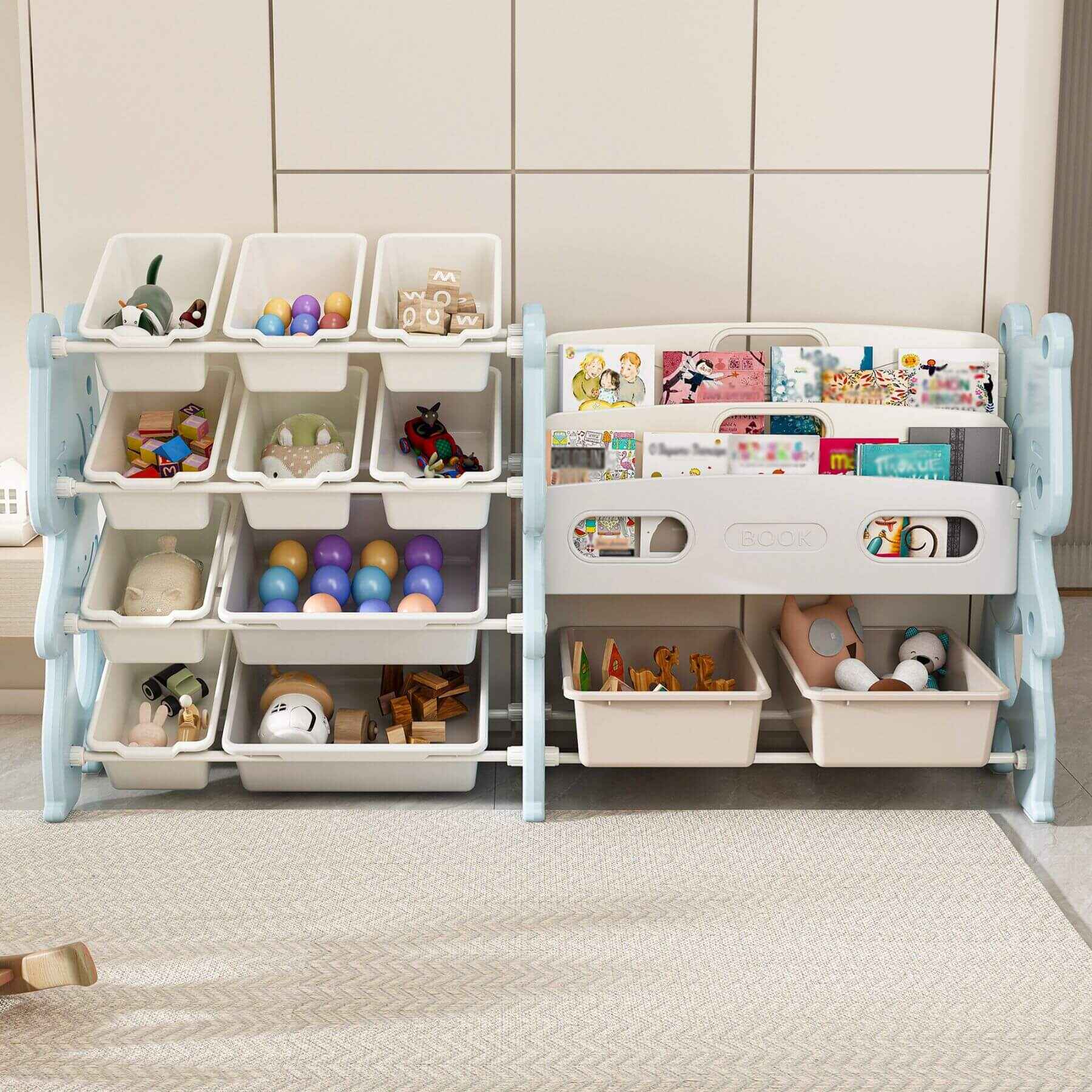 MONTARY Kids Toy Storage Organizer with 2 Tier Bookshelf and 12 Toy Bins -  Blue with various toys in a room setting