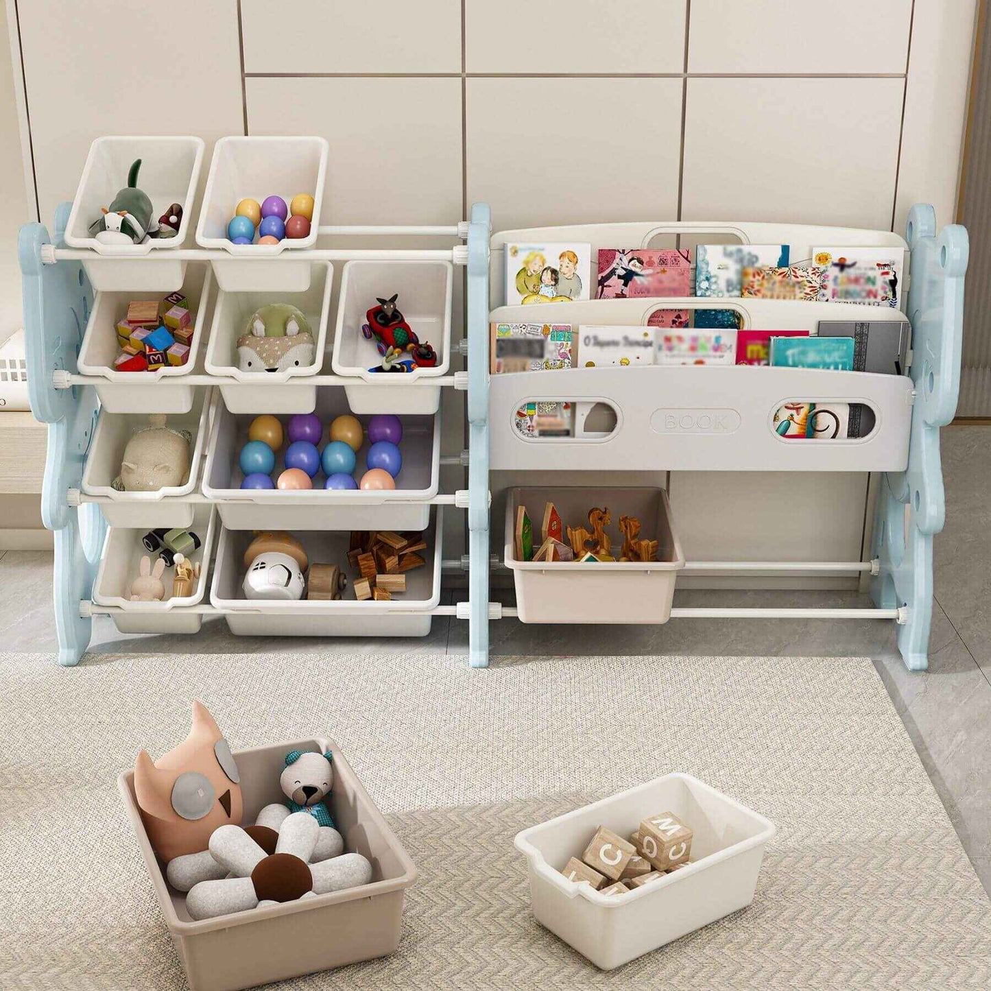 MONTARY Kids Toy Storage Organizer with 2 Tier Bookshelf and 12 Toy Bins -  Blue in a room setting.