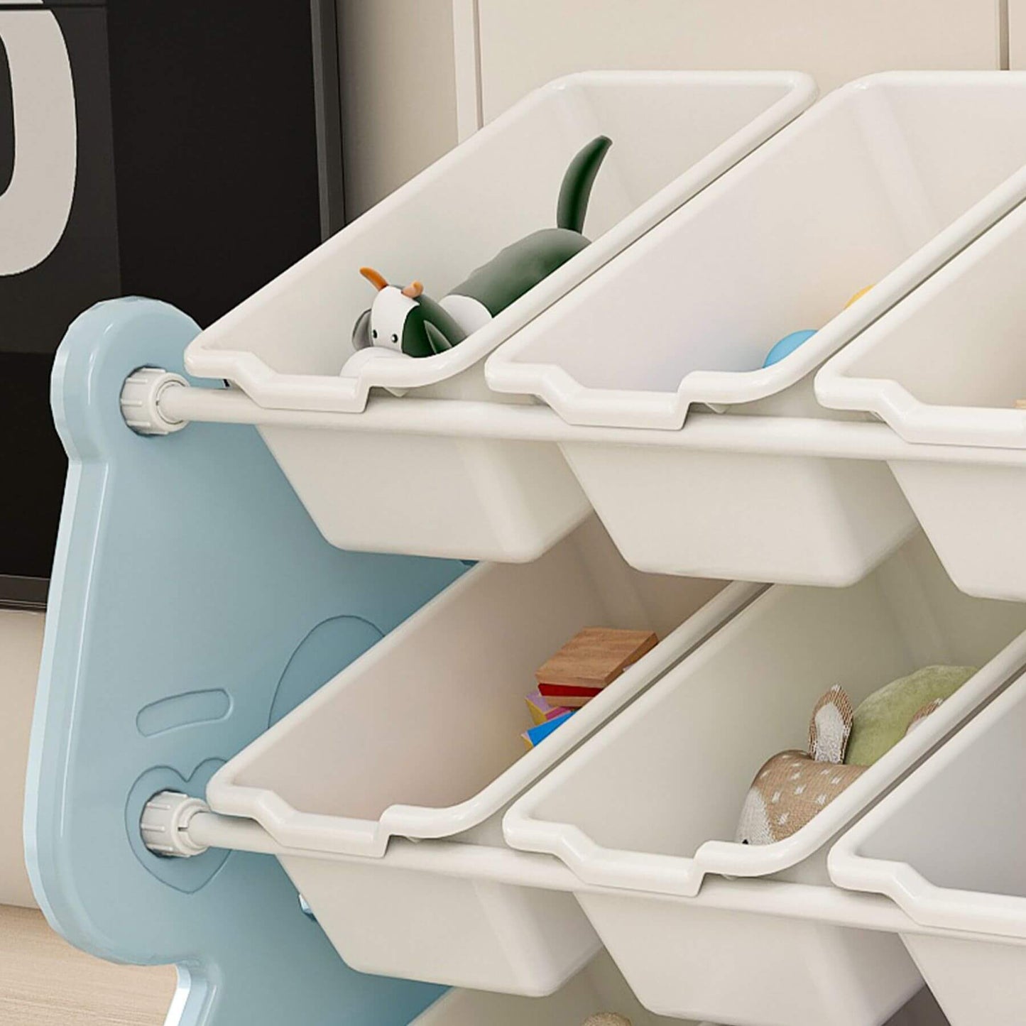 Children's toy storage system with bins and toys on a wooden floor.