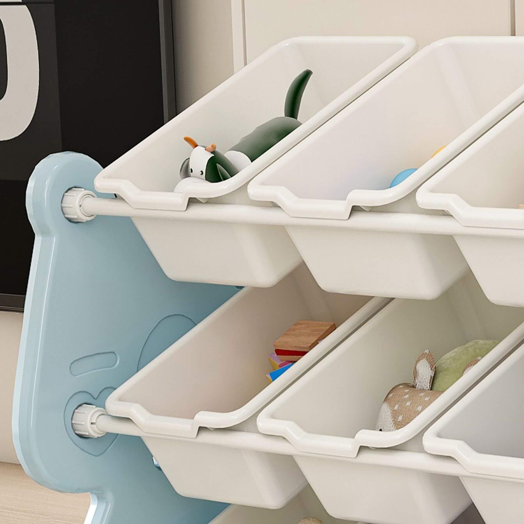 Children's toy storage system with bins and toys on a wooden floor.