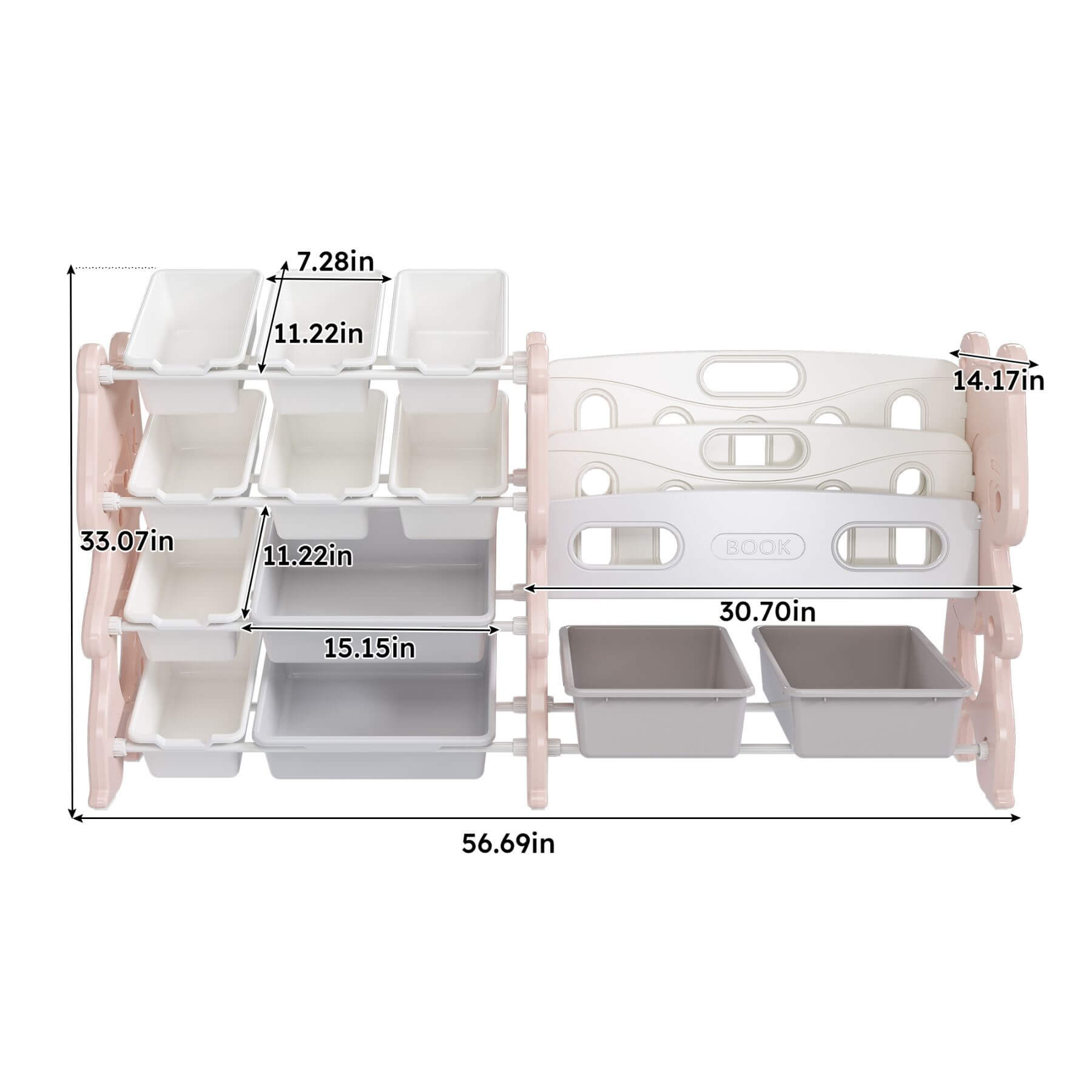 MONTARY Kids Toy Storage Organizer with 2 Tier Bookshelf and 12 Toy Bins, Pink with dimensions labeled.