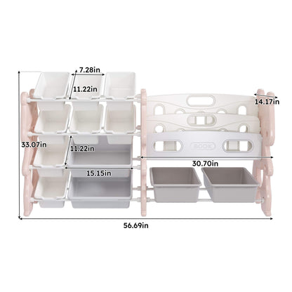 MONTARY Kids Toy Storage Organizer with 2 Tier Bookshelf and 12 Toy Bins, Pink with dimensions labeled.