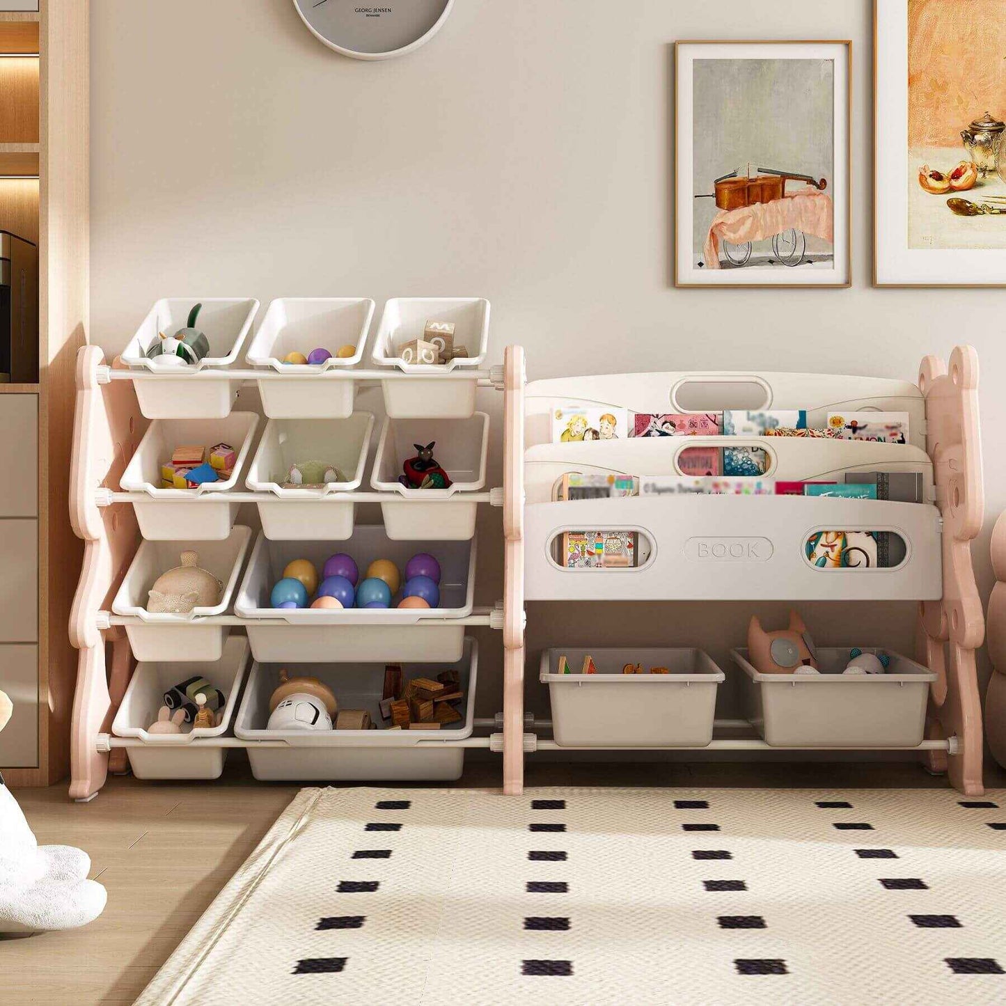 Children's playroom with MONTARY Kids Toy Storage Organizer with 2 Tier Bookshelf and 12 Toy Bins, Pink on a checkered floor.