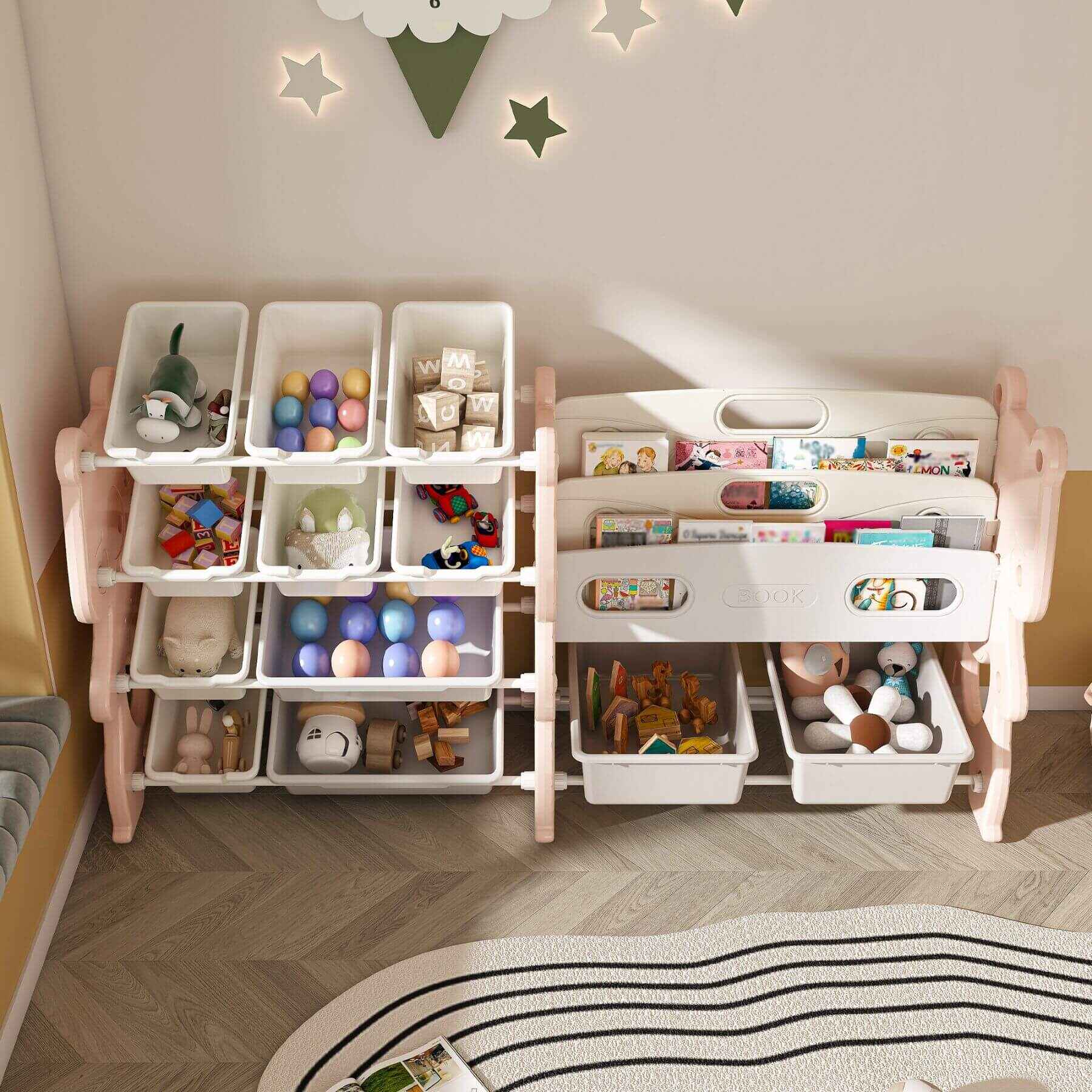 MONTARY Kids Toy Storage Organizer with 2 Tier Bookshelf and 12 Toy Bins, Pink with various toys in a room.