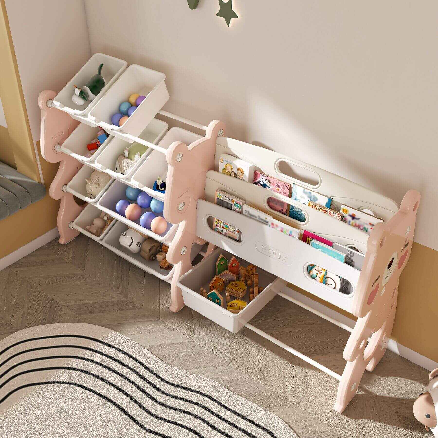 MONTARY Kids Toy Storage Organizer with 2 Tier Bookshelf and 12 Toy Bins, Pink with books and toys in a room setting