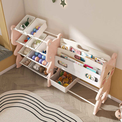 MONTARY Kids Toy Storage Organizer with 2 Tier Bookshelf and 12 Toy Bins, Pink with books and toys in a room setting