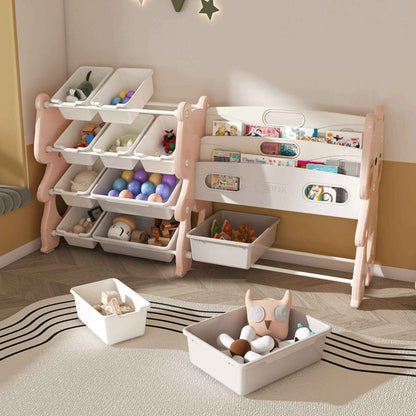 MONTARY Kids Toy Storage Organizer with 2 Tier Bookshelf and 12 Toy Bins, Pink in a child's room