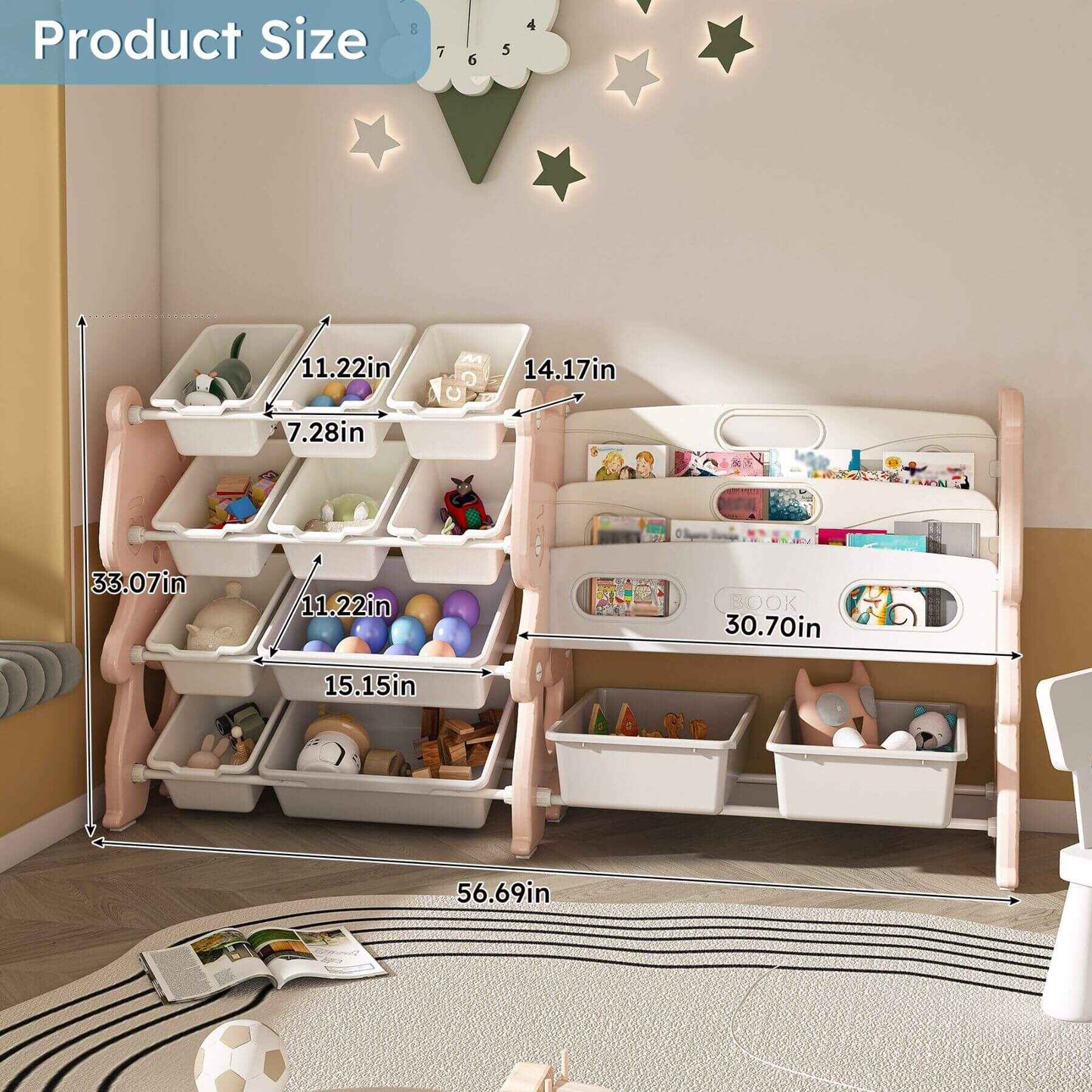 MONTARY Kids Toy Storage Organizer with 2 Tier Bookshelf and 12 Toy Bins, Pink with dimensions labeled in a room setting.