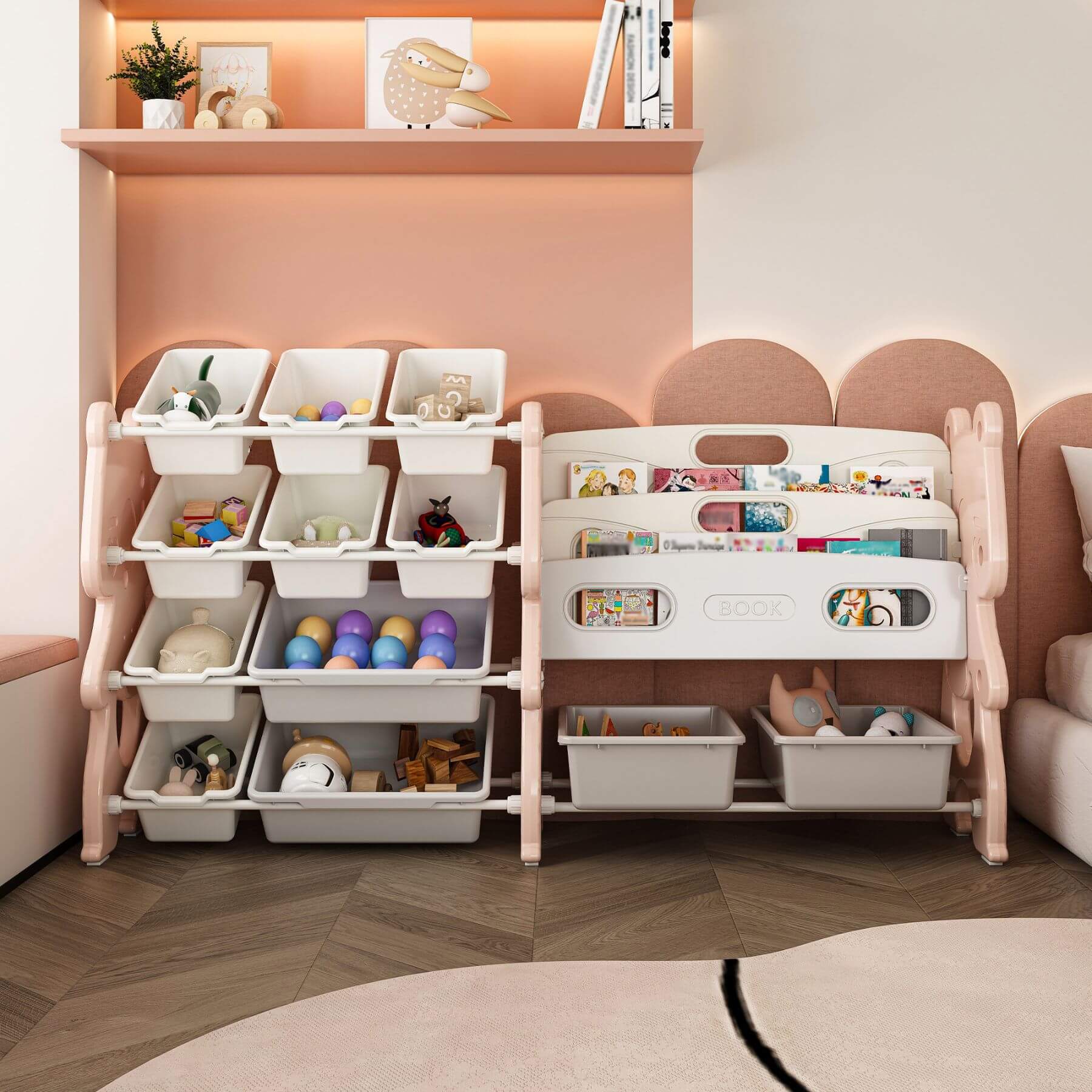 Children's room with MONTARY Kids Toy Storage Organizer with 2 Tier Bookshelf and 12 Toy Bins, Pink