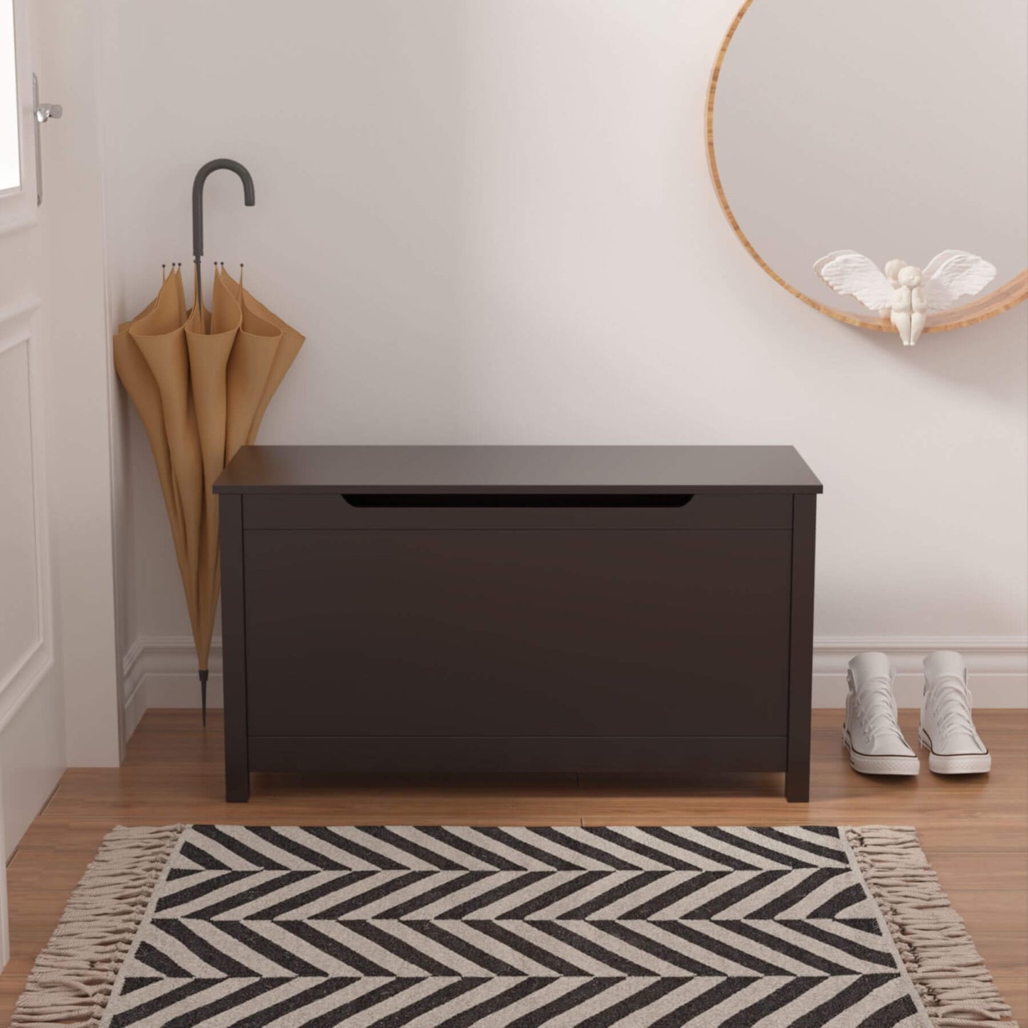 MOONRIVER Kids Wooden Toy Box Storage with Safety Hinged Lid - Coffee in a room with a patterned rug, shoes, and umbrellas.