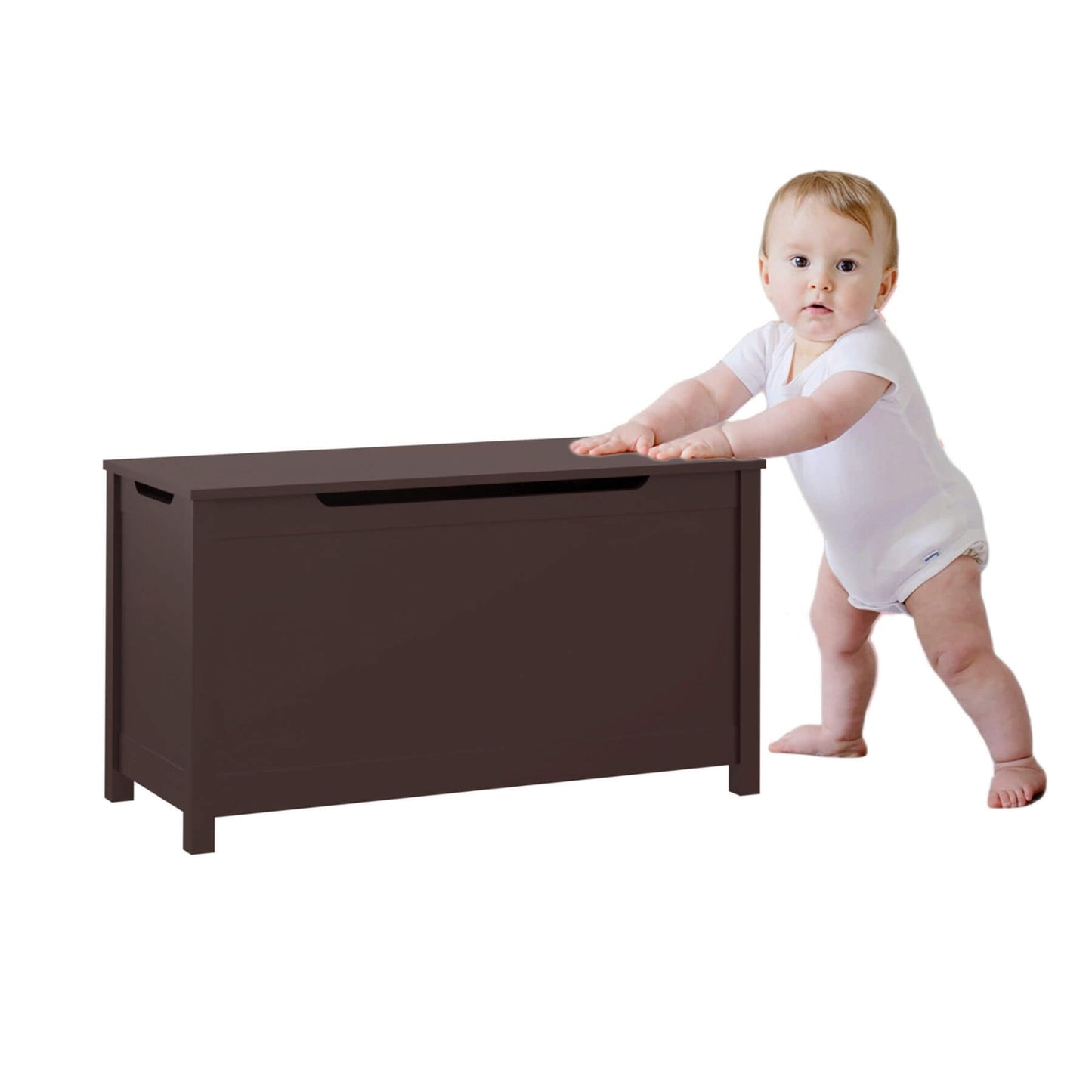 Baby in a white onesie standing next to MOONRIVER Kids Wooden Toy Box Storage with Safety Hinged Lid - Coffee