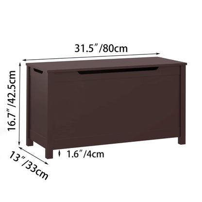 MOONRIVER Kids Wooden Toy Box Storage with Safety Hinged Lid - Coffee with dimensions labeled on a white background