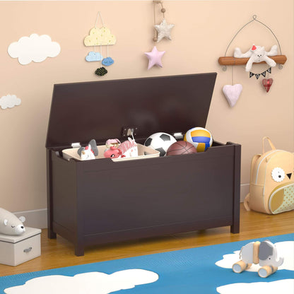MOONRIVER Kids Wooden Toy Box Storage with Safety Hinged Lid - Coffee with toys inside, placed on a wooden floor with decorative items on the wall.