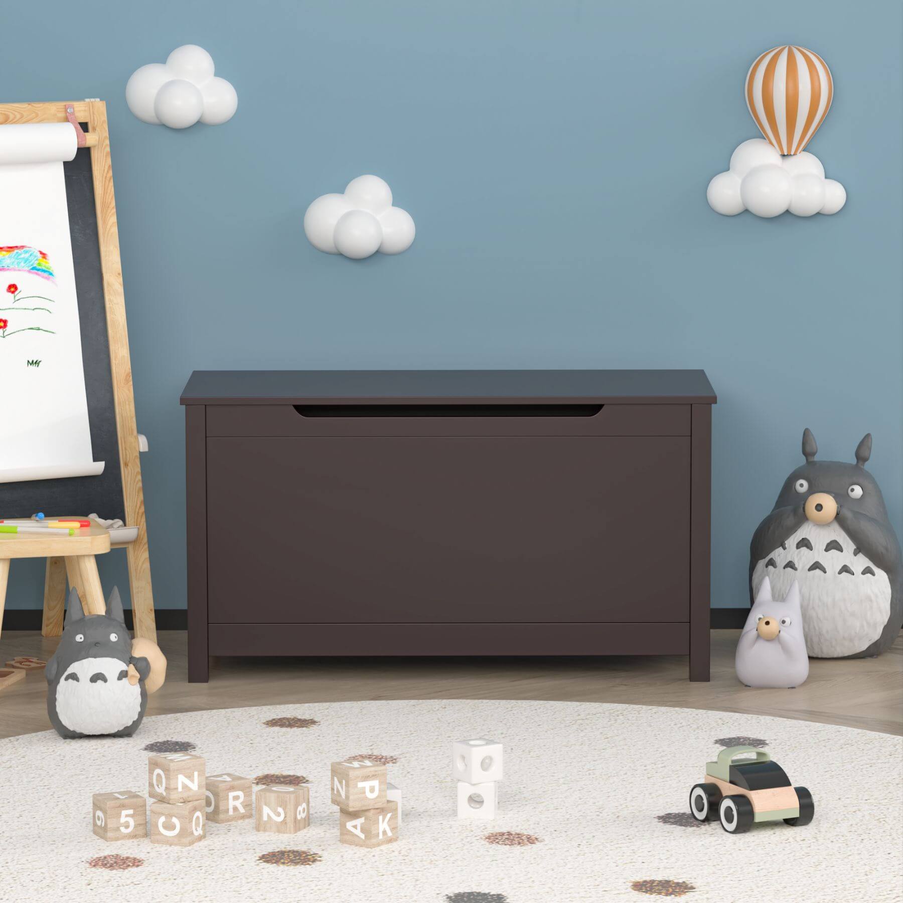 Children's room with MOONRIVER Kids Wooden Toy Box Storage with Safety Hinged Lid - Coffee, and toys on a light blue wall background.
