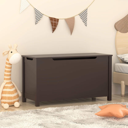 MOONRIVER Kids Wooden Toy Box Storage with Safety Hinged Lid - Coffee in a child's room with a stuffed giraffe and other toys.