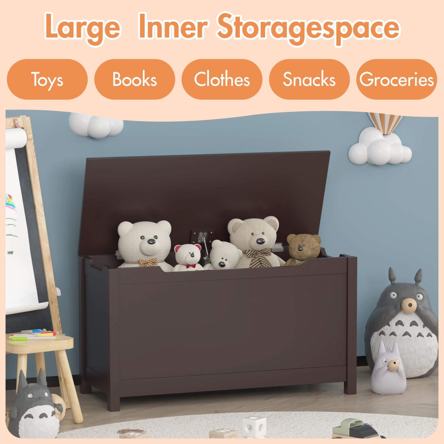 MOONRIVER Kids Wooden Toy Box Storage with Safety Hinged Lid - Coffee with stuffed animals in a room setting, labeled for various items.