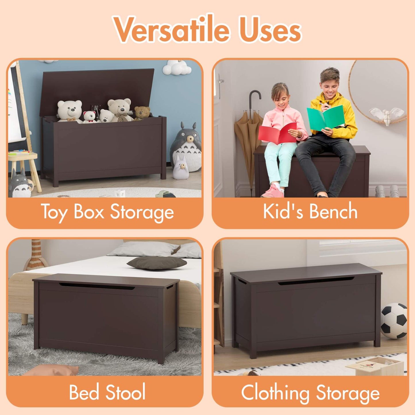 Multifunctional storage bench with toy box, kids' bench, bed stool, and clothing storage uses.