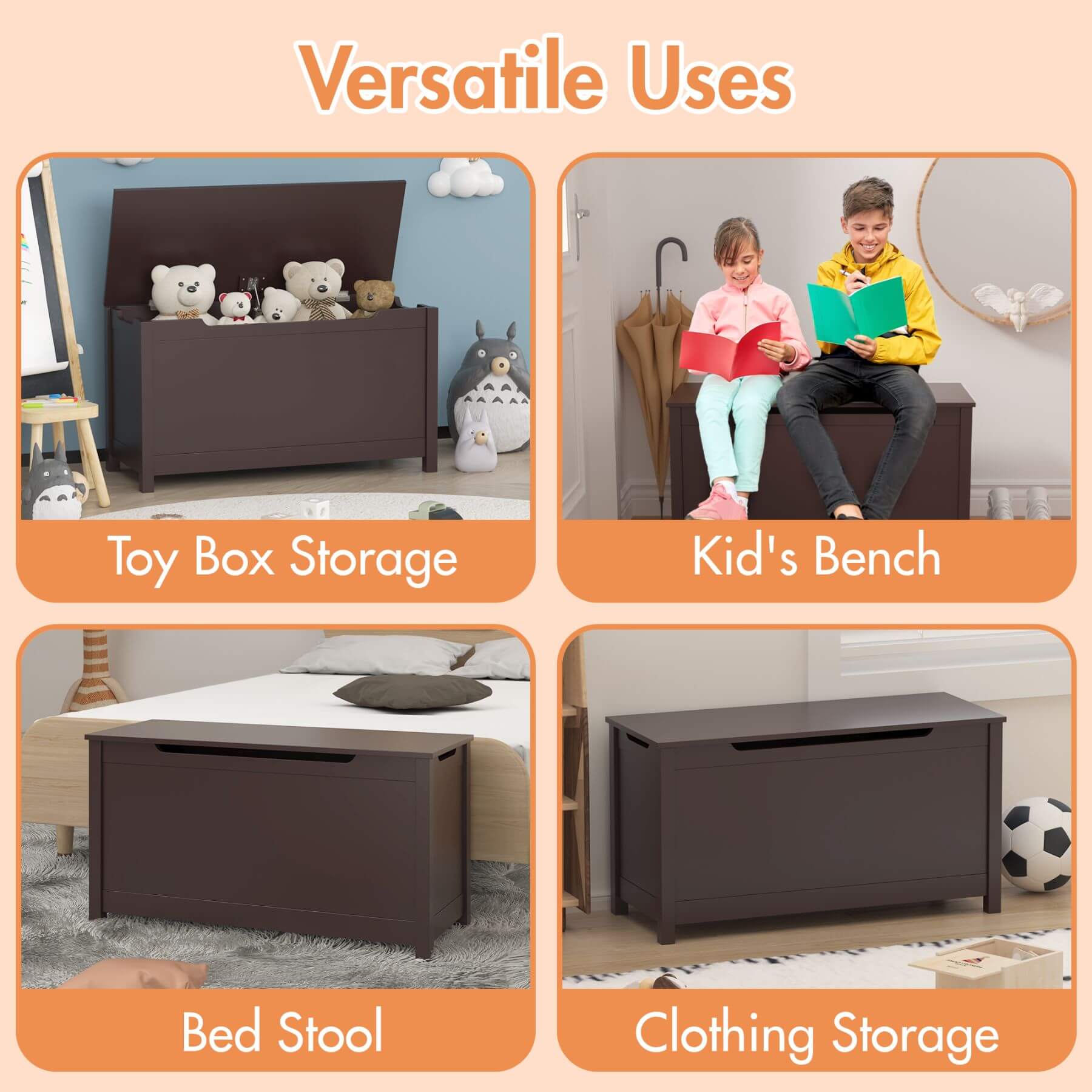 Multifunctional storage bench with toy box, kids' bench, bed stool, and clothing storage uses.