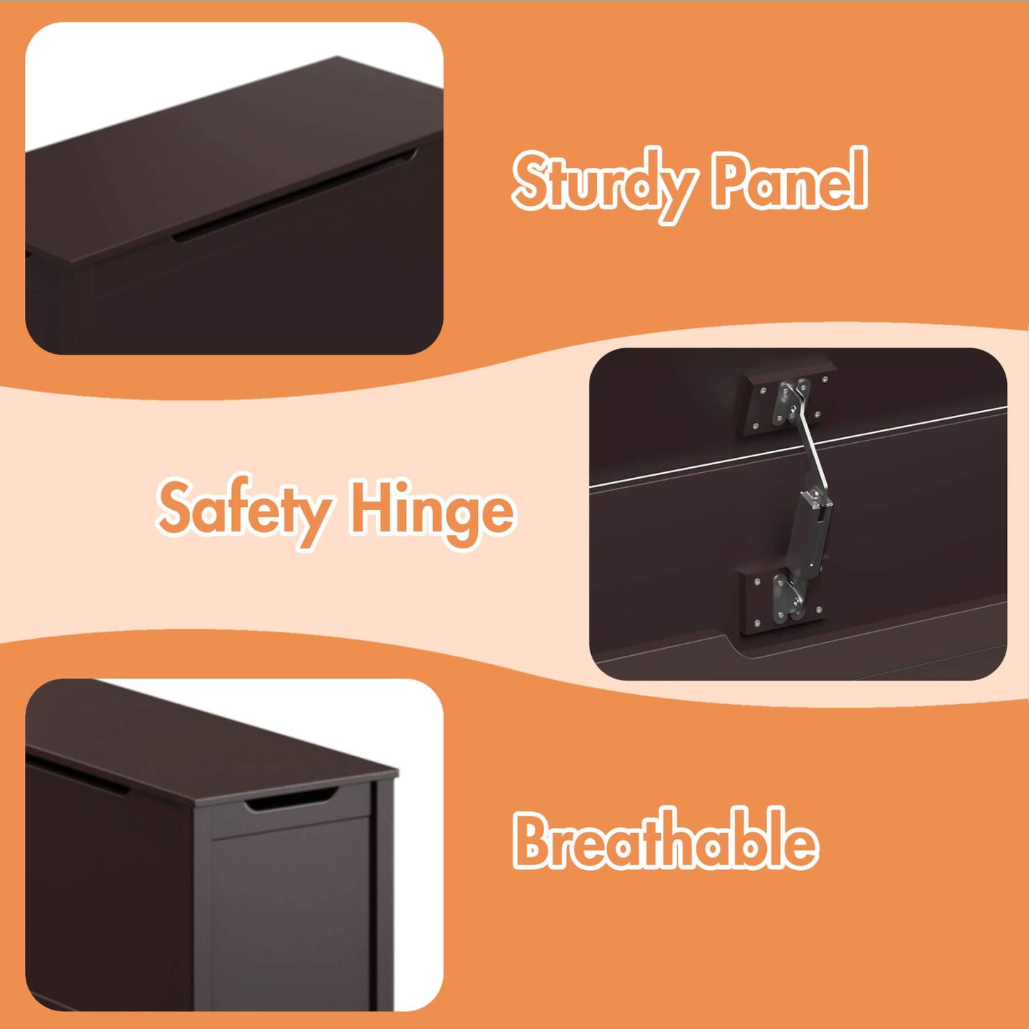Product features including a sturdy panel, safety hinge, and breathable design on an orange background.