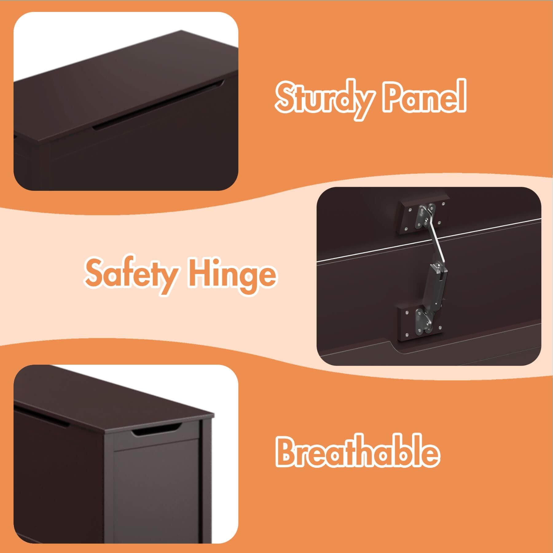 Product features including a sturdy panel, safety hinge, and breathable design on an orange background.