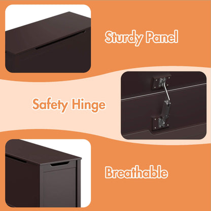 Product features including a sturdy panel, safety hinge, and breathable design on an orange background.