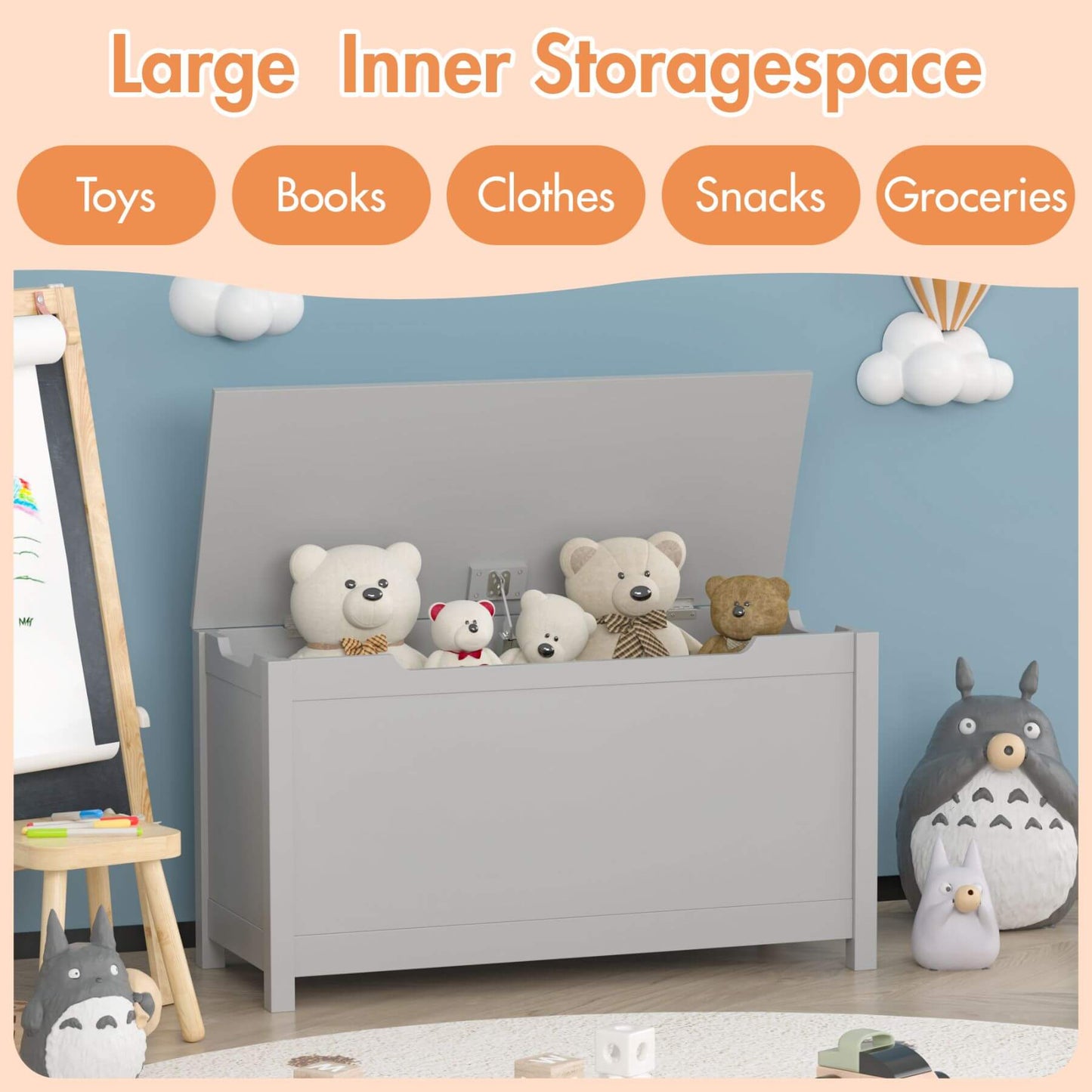 MOONRIVER Kids Wooden Toy Box Storage with Safety Hinged Lid - Grey with stuffed animals in a room setting, featuring text about storage capacity for toys, books, clothes, snacks, and groceries.