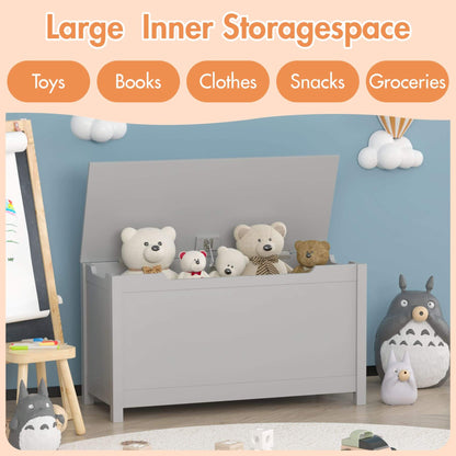 MOONRIVER Kids Wooden Toy Box Storage with Safety Hinged Lid - Grey with stuffed animals in a room setting, featuring text about storage capacity for toys, books, clothes, snacks, and groceries.