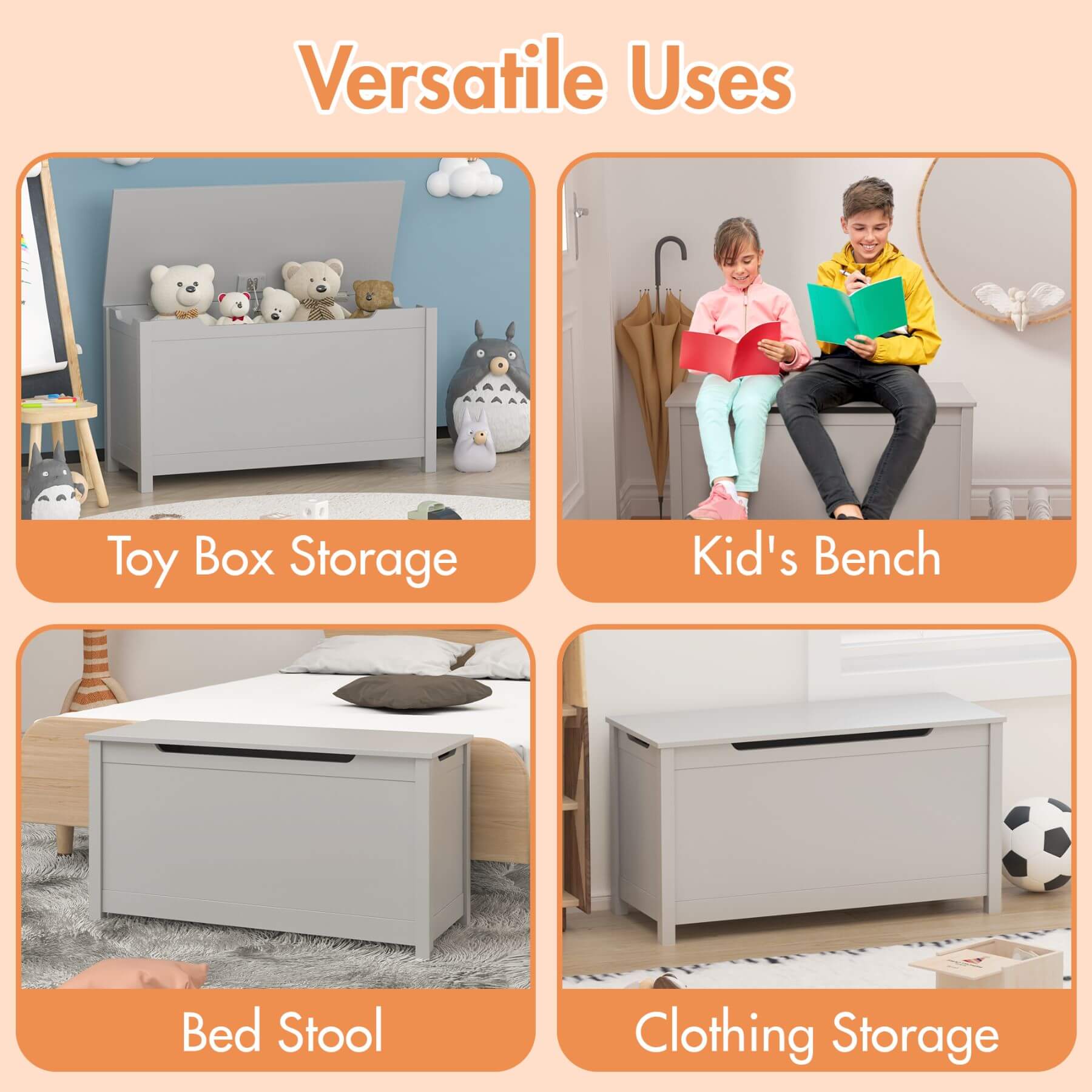 Collage of a storage bench with various uses including toy box, kids' bench, bed stool, and clothing storage.