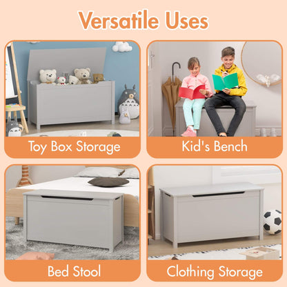 Collage of a storage bench with various uses including toy box, kids' bench, bed stool, and clothing storage.