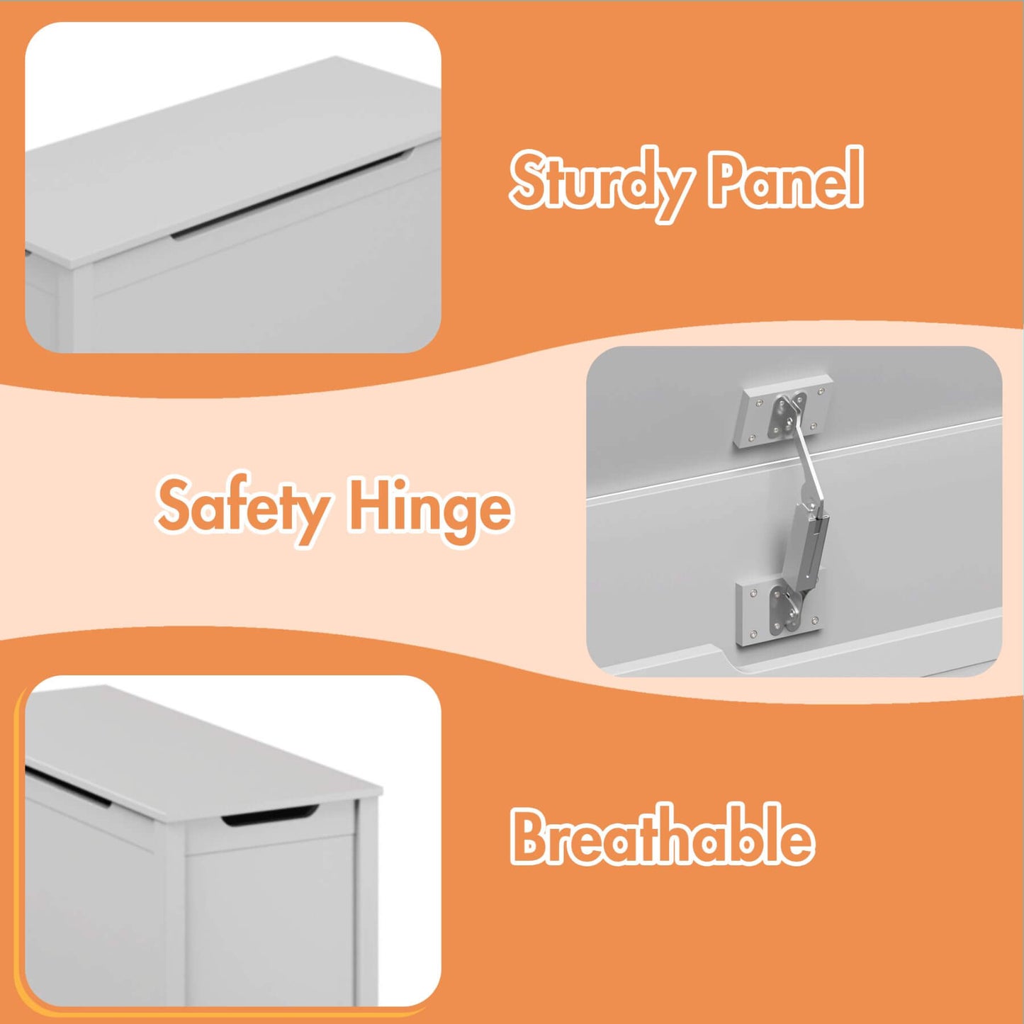 Product features including a sturdy panel, safety hinge, and breathable design on an orange background.