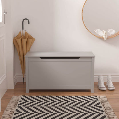 MOONRIVER Kids Wooden Toy Box Storage with Safety Hinged Lid - Grey in a room with a rug, shoes, and umbrellas.