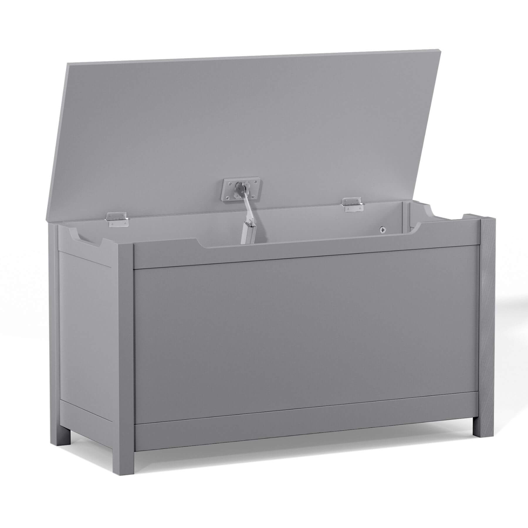 MOONRIVER Kids Wooden Toy Box Storage - Grey with open lid on a white background