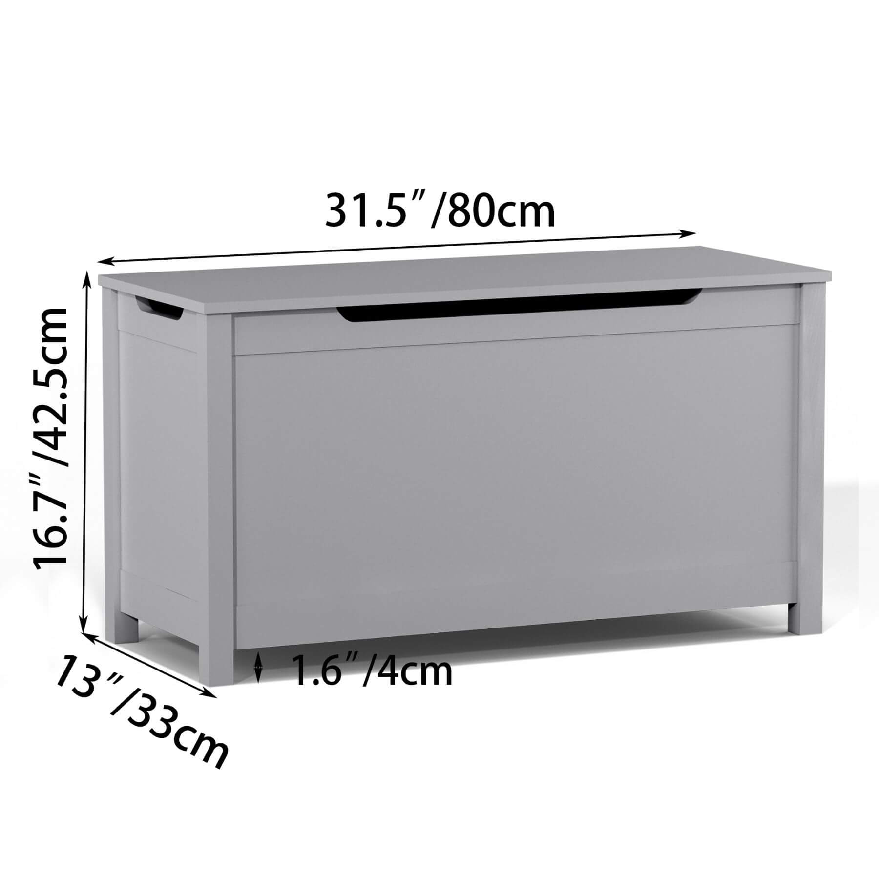 MOONRIVER Kids Wooden Toy Box Storage with Safety Hinged Lid - Grey with dimensions labeled on a white background