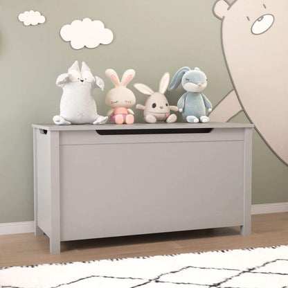 MOONRIVER Kids Wooden Toy Box Storage with Safety Hinged Lid - Grey with stuffed animals on a wooden floor against a wall with cloud decorations.