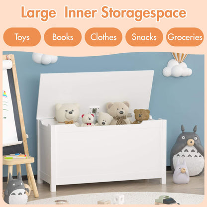 MOONRIVER Kids Wooden Toy Box Storage with Safety Hinged Lid - White with teddy bears in a room setting, labeled for various items.