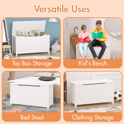 White toy box with various uses including storage, bench, and stool shown in different settings.
