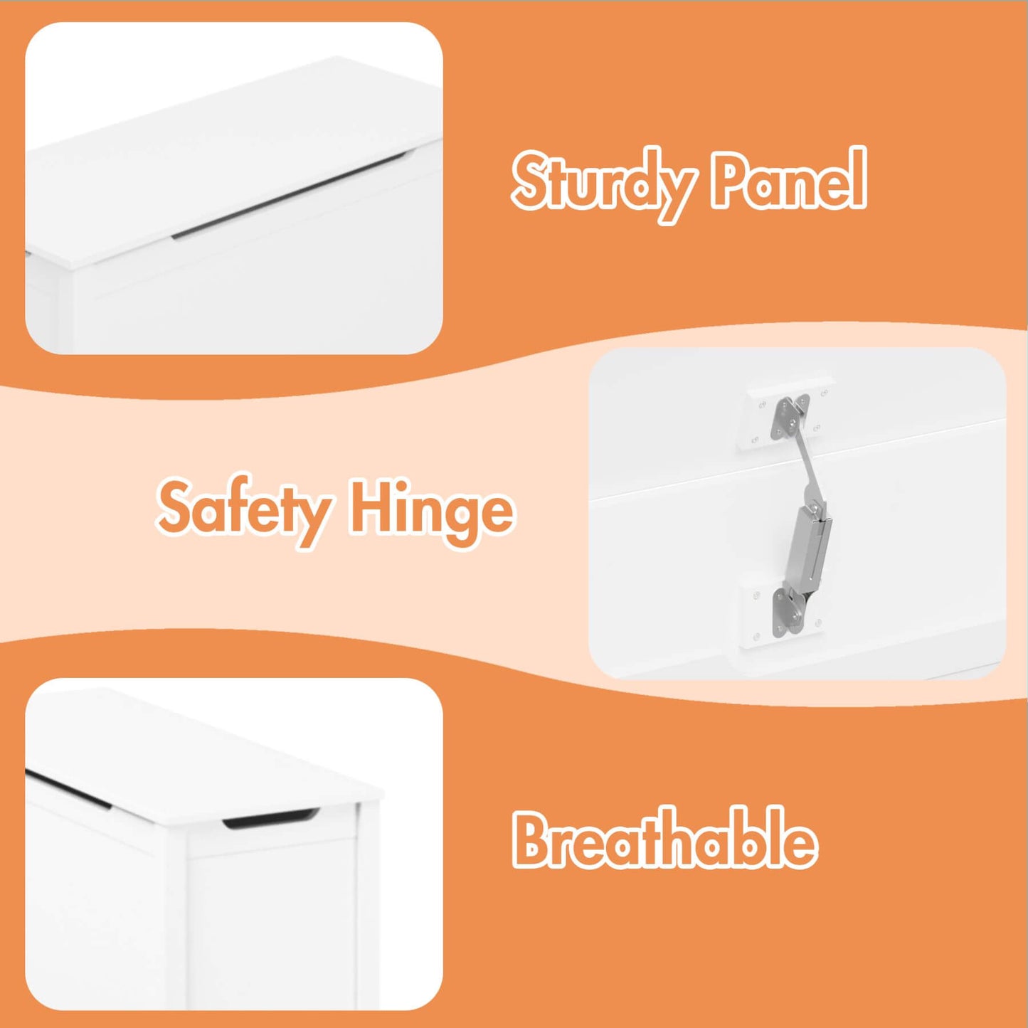 Product features with 'Sturdy Panel', 'Safety Hinge', and 'Breathable' text on an orange background.