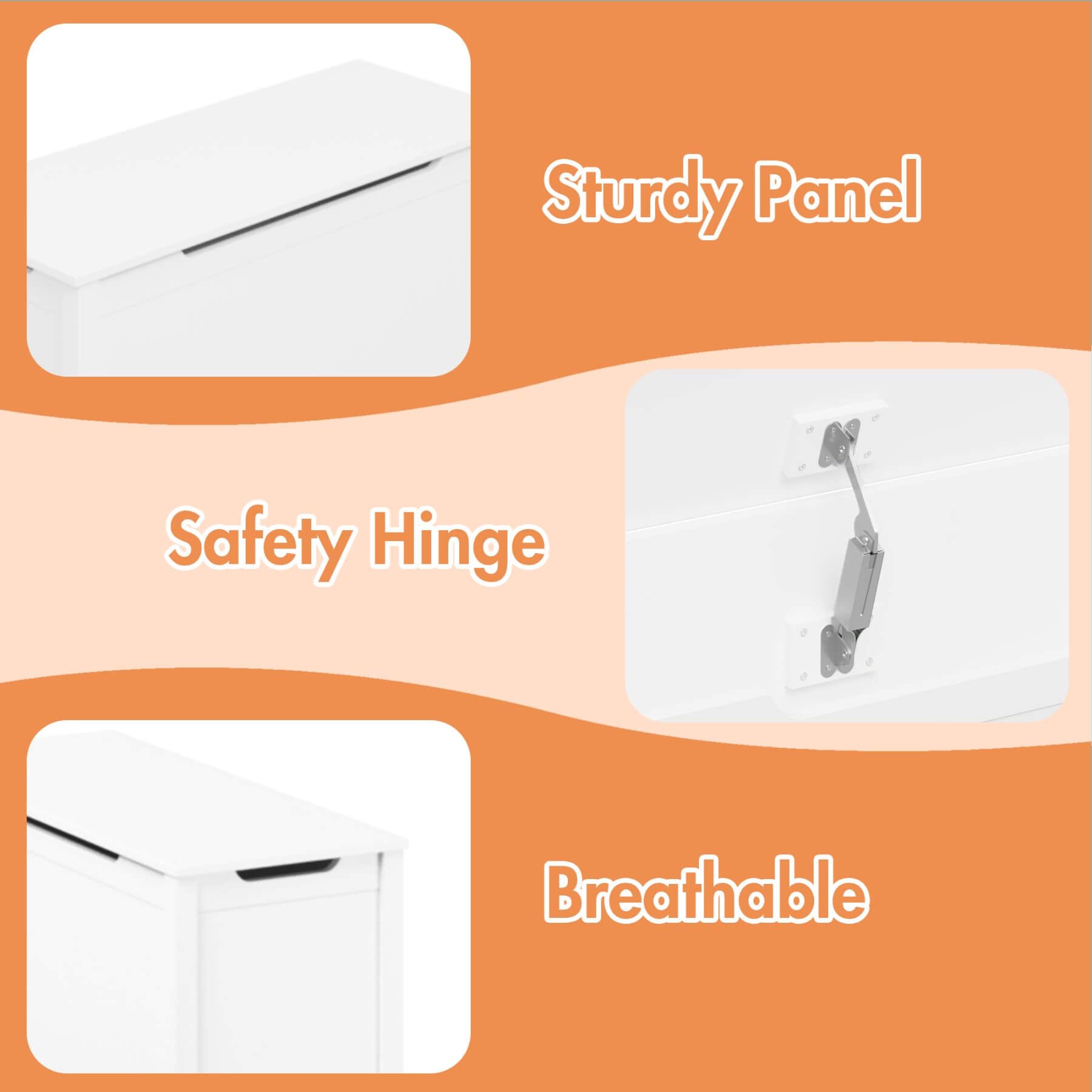 Product features with 'Sturdy Panel', 'Safety Hinge', and 'Breathable' text on an orange background.