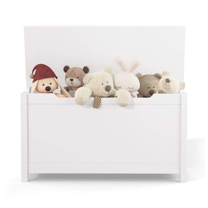 MOONRIVER Kids Wooden Toy Box Storage with Safety Hinged Lid - White with stuffed animals peeking out on a white background