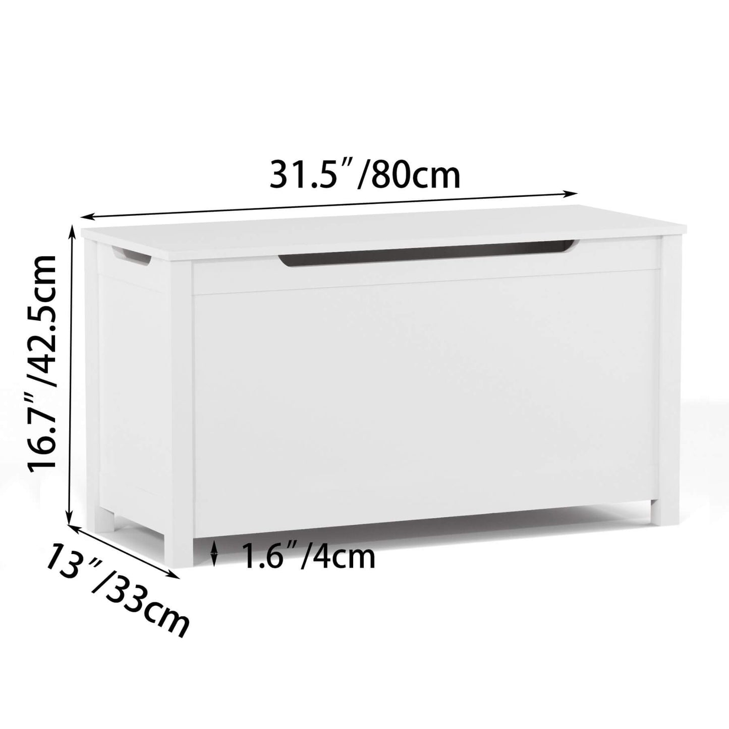 MOONRIVER Kids Wooden Toy Box Storage with Safety Hinged Lid - White with dimensions labeled on a white background