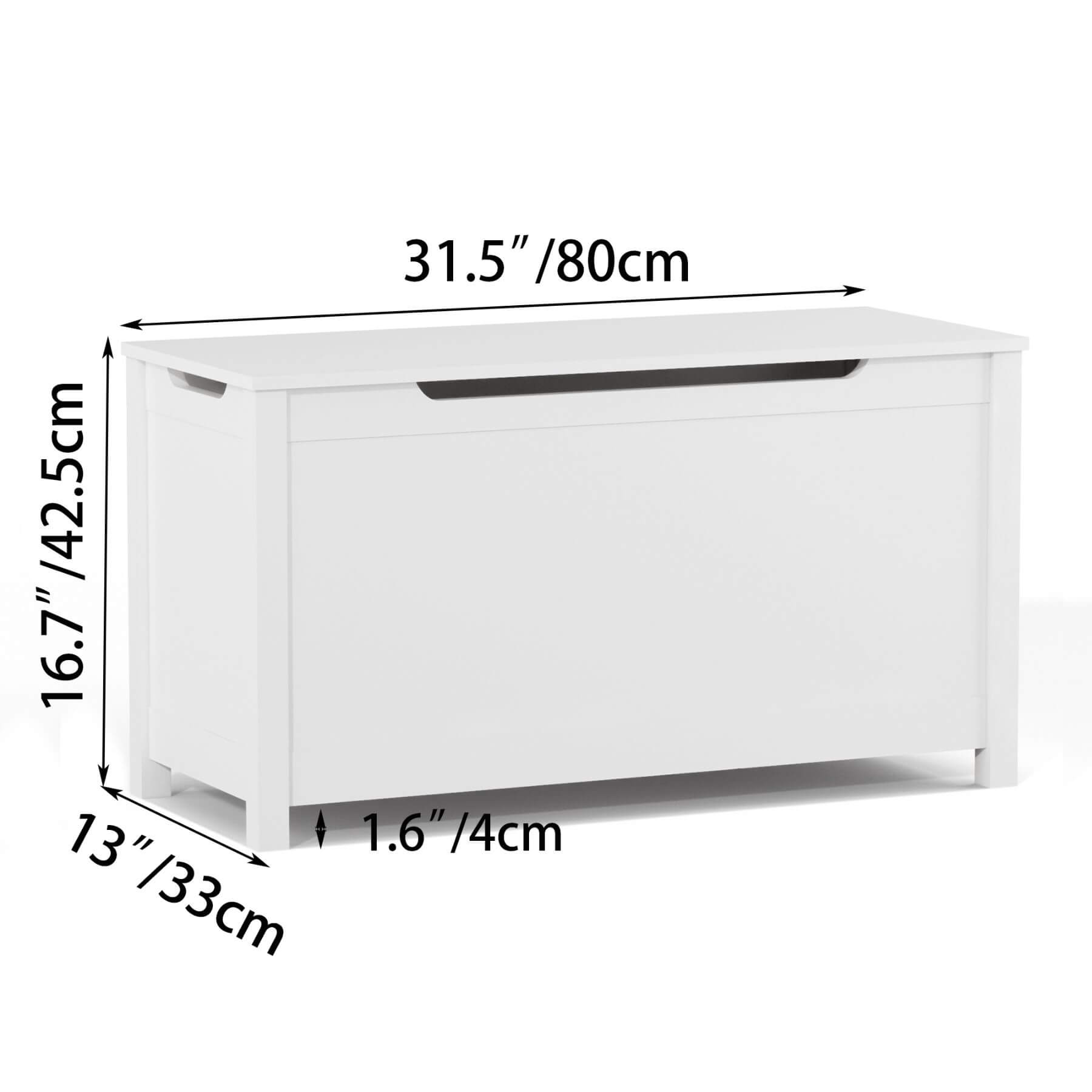 MOONRIVER Kids Wooden Toy Box Storage with Safety Hinged Lid - White with dimensions labeled on a white background