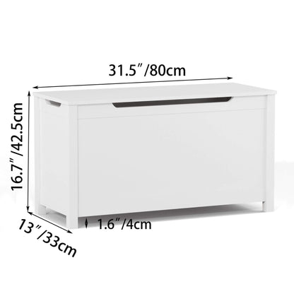 MOONRIVER Kids Wooden Toy Box Storage with Safety Hinged Lid - White with dimensions labeled on a white background