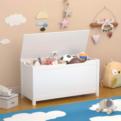 MOONRIVER Kids Wooden Toy Box Storage with Safety Hinged Lid - White with toys inside, placed on a wooden floor with decorative elements on the wall.